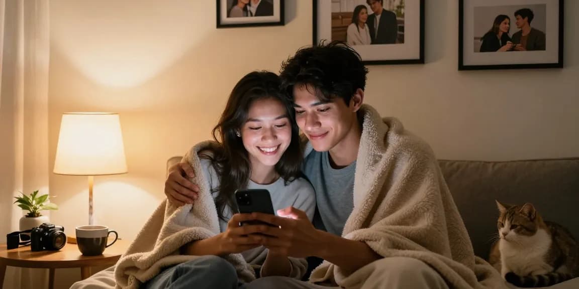 A cozy scene of a person engaging with their girlfriend AI on a smartphone, showcasing the emotional connection in a modern romantic relationship.