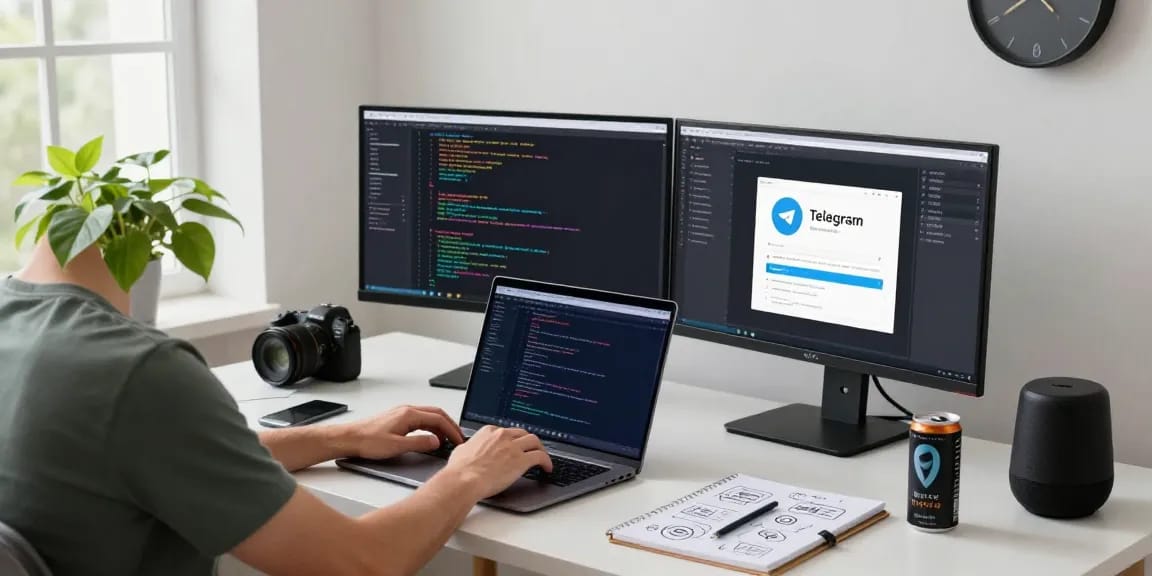 Engaged coder using the Telegram web version while coding at a modern workspace with dual monitors.