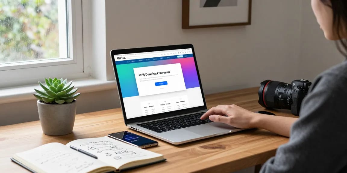 WPS Download webpage on a modern workspace laptop, showcasing productivity tools in a serene home office.