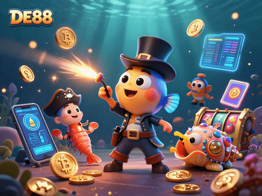 Join the excitement at DE88 as the anglerfish lures golden coins in this vibrant casino scene.