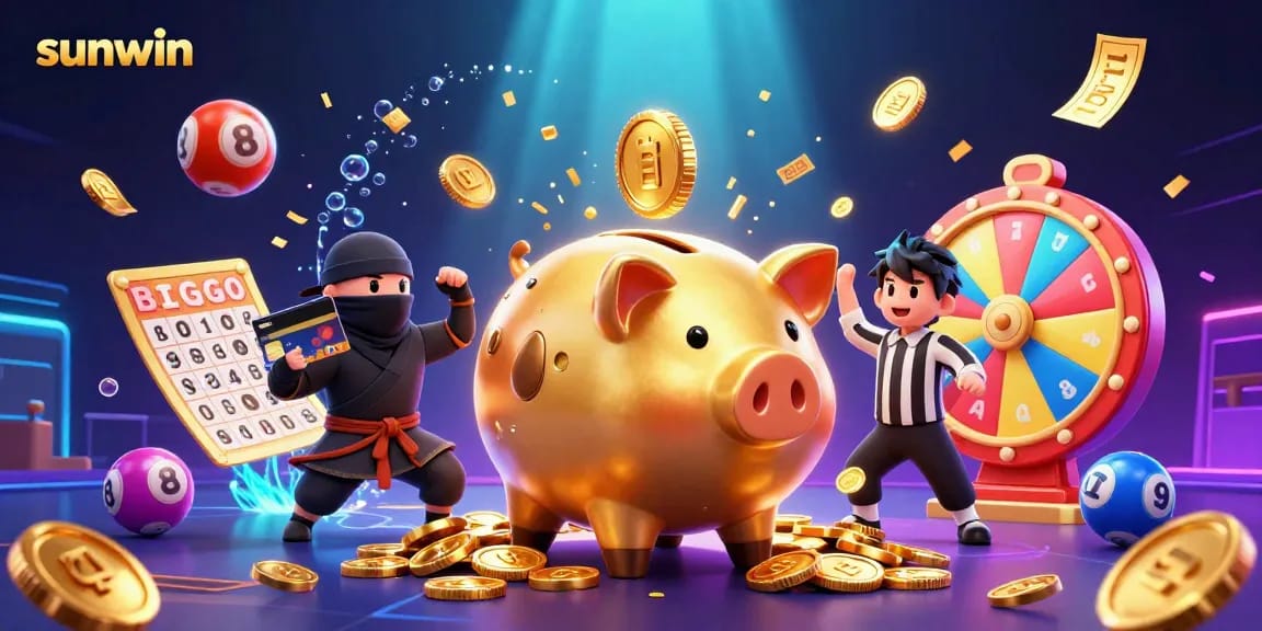 Experience the thrilling world of sunwin with a vibrant 3D casino illustration featuring dynamic elements like lottery balls and a piggy bank sumo wrestler.