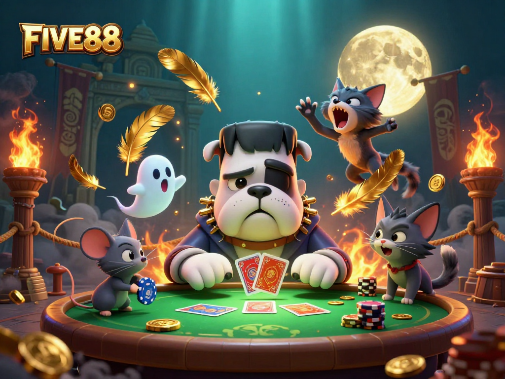 Engage with FIVE88's thrilling casino adventure featuring charming characters in a vibrant gaming scene.