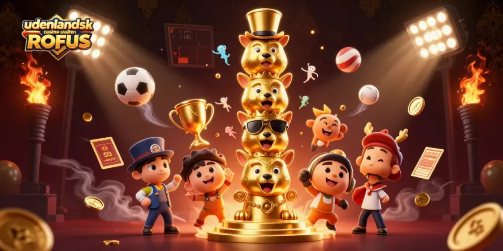 Play at udenlandsk casino uden ROFUS with exciting sports bets, trophies, and vibrant 3D elements.