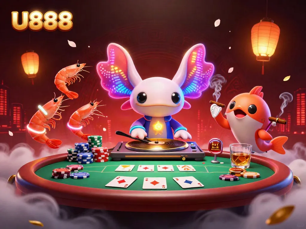 Experience the vibrant U888 casino atmosphere with a neon axolotl DJ and interactive gaming elements.