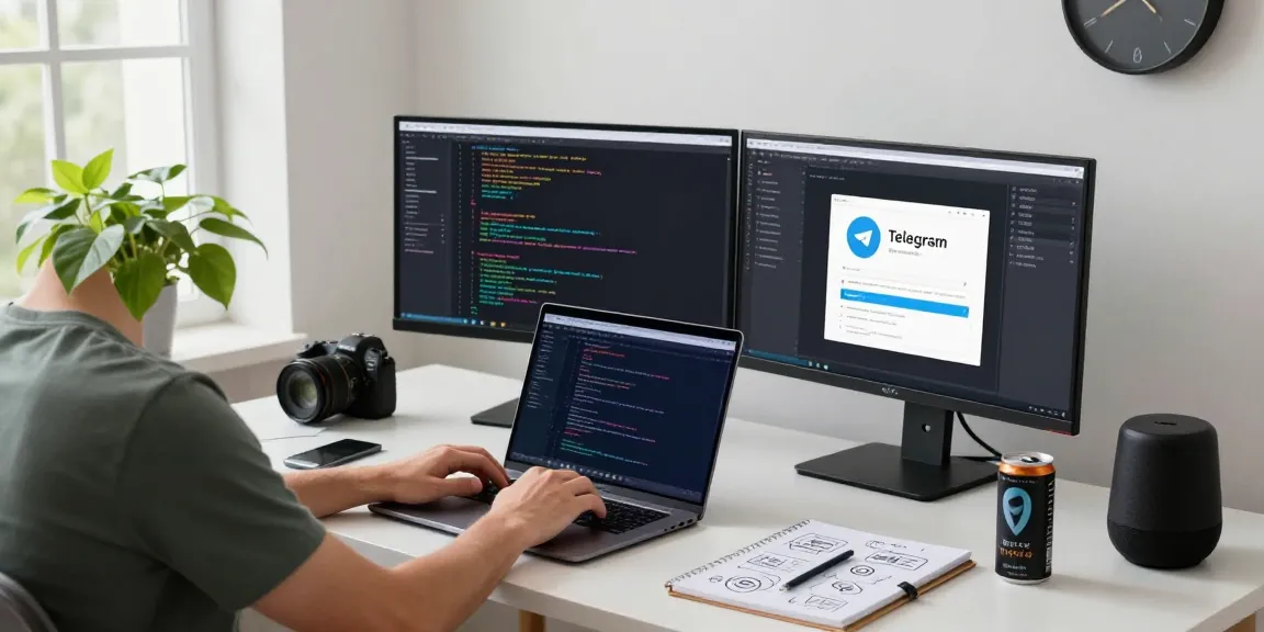 Engaged coder using the Telegram web version while coding at a modern workspace with dual monitors.