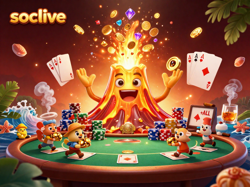 Socolive showcases a triumphant golden volcano overflowing with coins, flanked by explorer animals and poker elements.