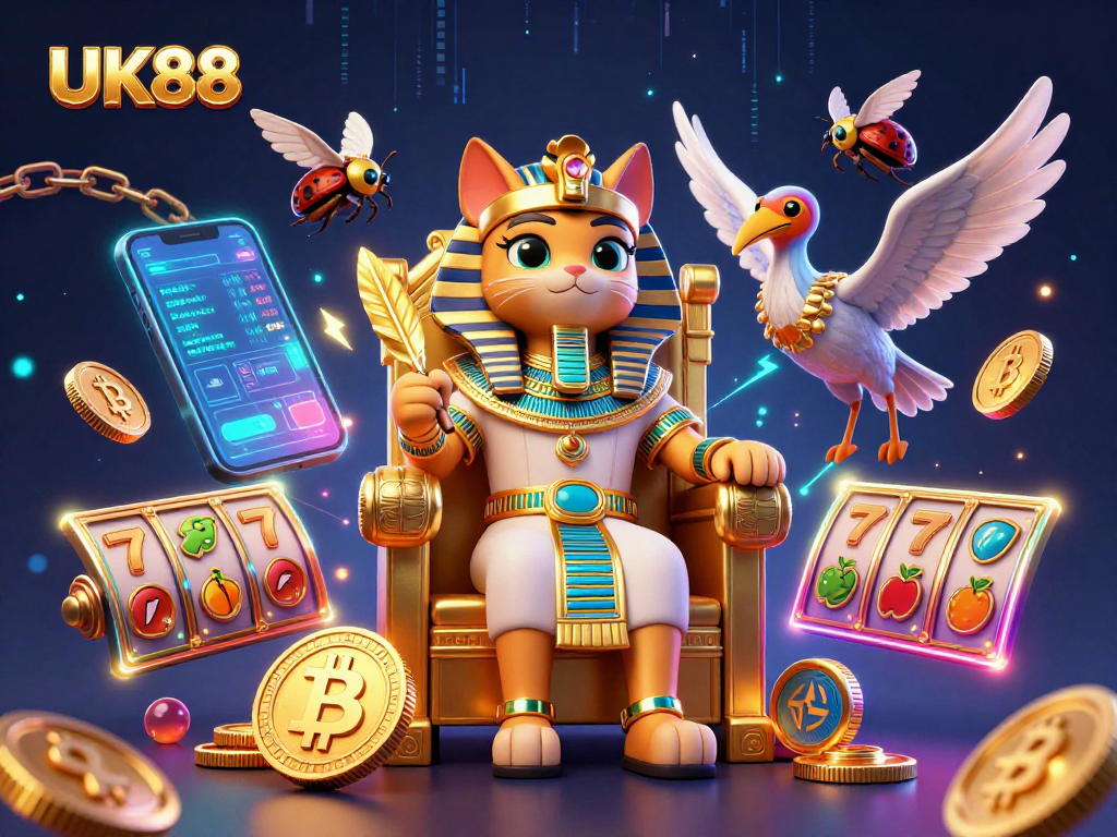 Experience the excitement of UK88's slots with a dynamic 3D casino illustration featuring a pharaoh cat and crypto elements.