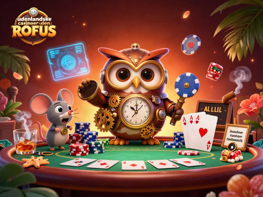 Experience udenlandske casinoer uden ROFUS with an energetic scene depicting steampunk elements and poker excitement.