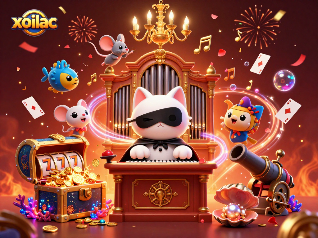 xoilac-themed casino illustration featuring a phantom cat and acrobat mouse celebrating with rich game elements.