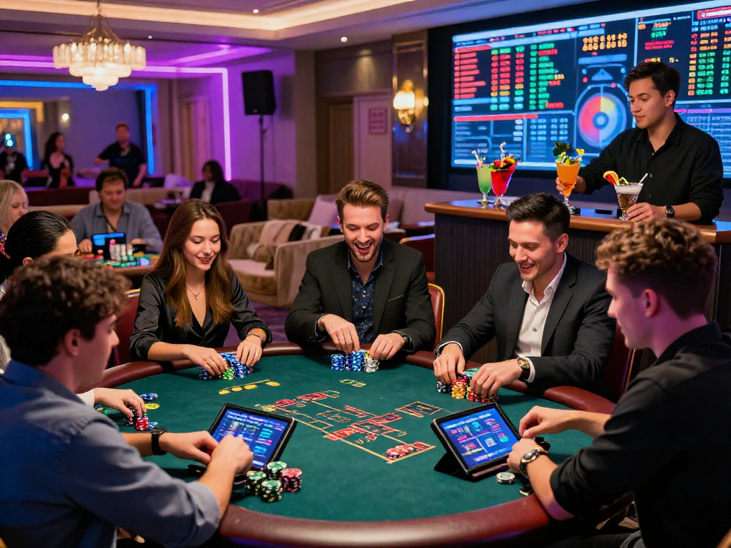 Crypto casino lively gaming hall with players enjoying high-stakes poker and cryptocurrency displays.