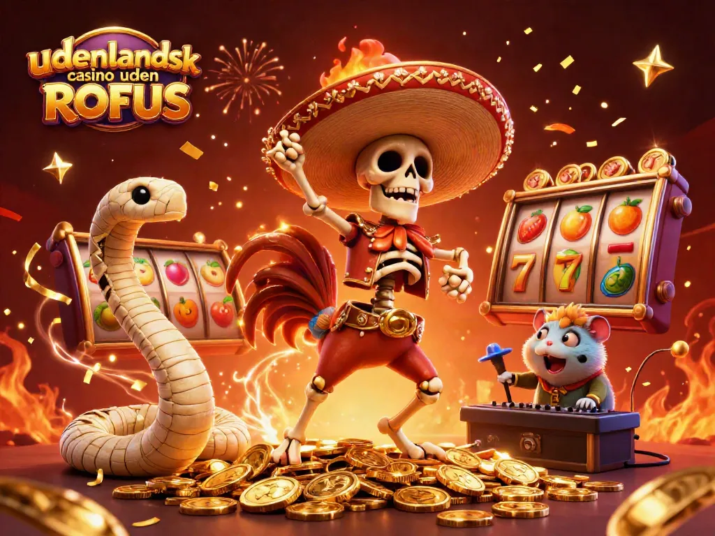 Celebrate wins at udenlandsk casino uden ROFUS with a vibrant 3D cartoon scene packed with casino elements.
