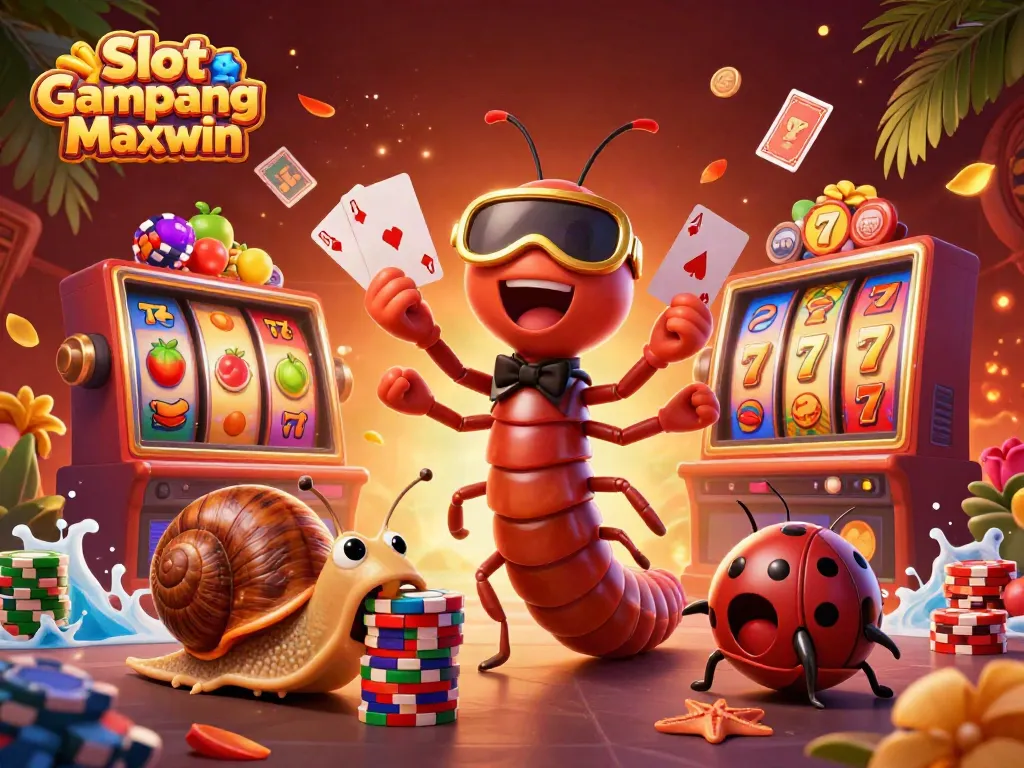 Engage with Slot Gampang Maxwin this vibrant casino scene with a dynamic dealer and whimsical characters.
