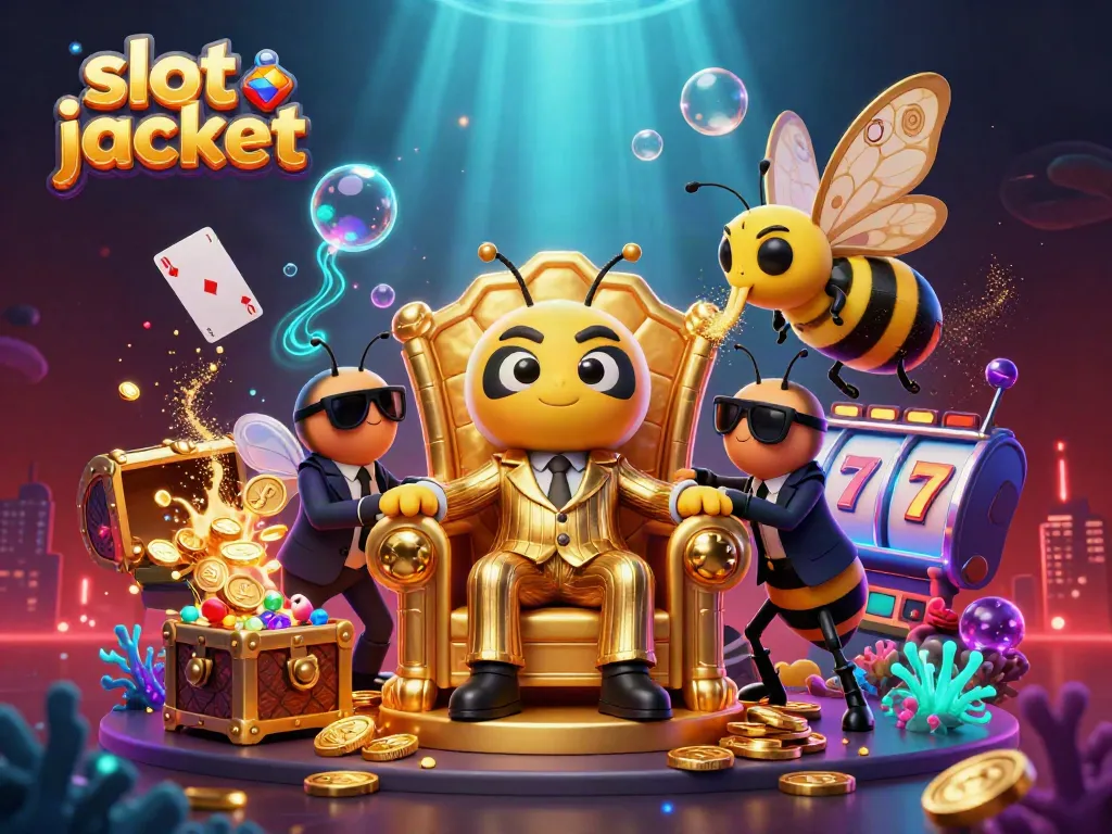 Experience the excitement of winning a slot jackpot with cartoon figures in a vibrant casino scene.