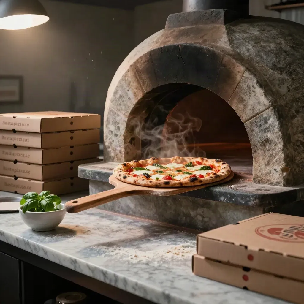 Stenugn med margheritapizza, takeawaykartonger och basilika i dramatiskt kvällsljus.