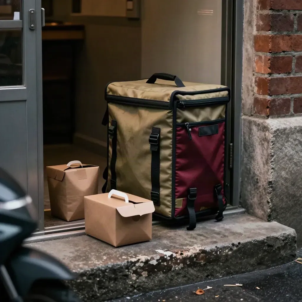 En leveransryggsäck, två takeaway-boxar och en scooter vid en mörk dörr i nattlig dimma.