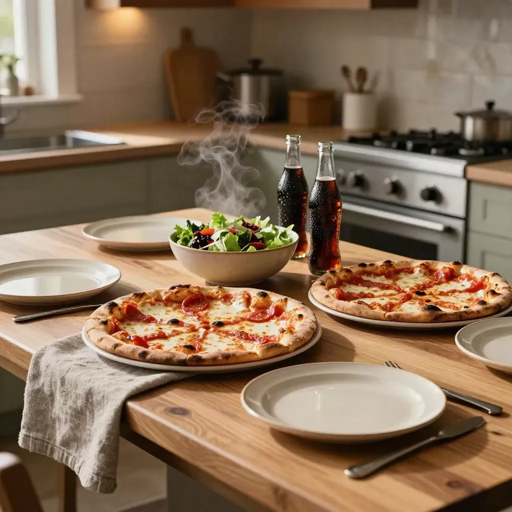 Två familjepizzor, sex tallrikar, sallad och läsk på en köksö i varmt kvällsljus.