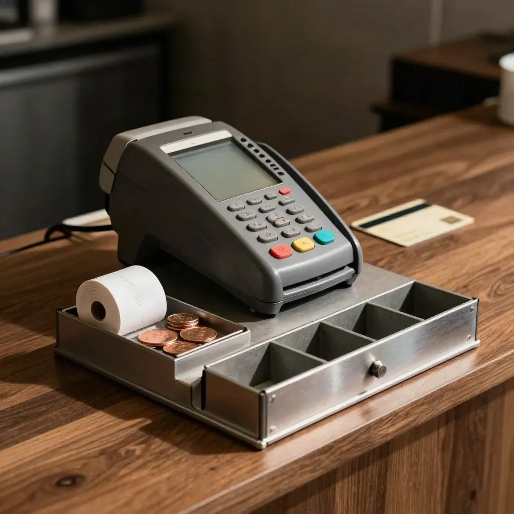 Betalstation i pizzerian med kortterminal, myntbricka, kvittorulle och kassalådsinsats