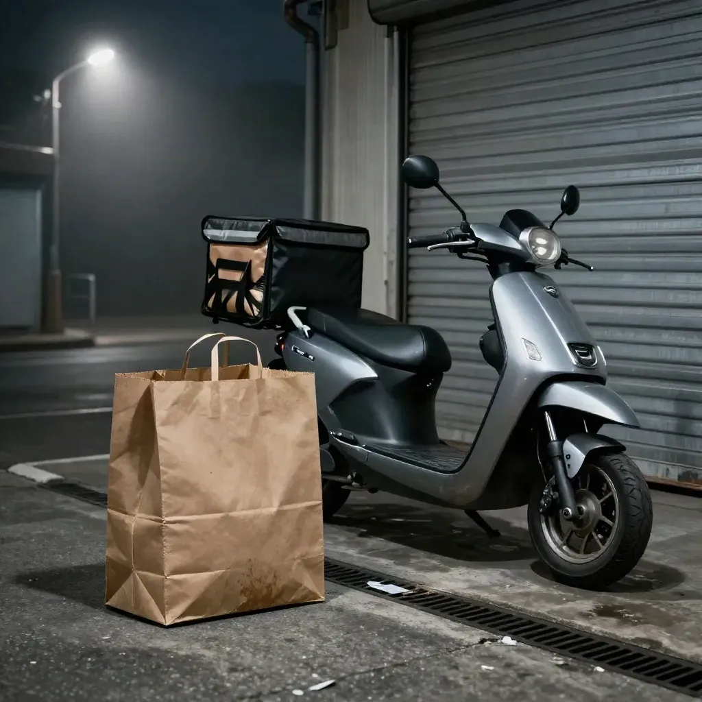 Takeawaylådor, papperspåse och elscooter vid en industridörr i kvällsdimma.