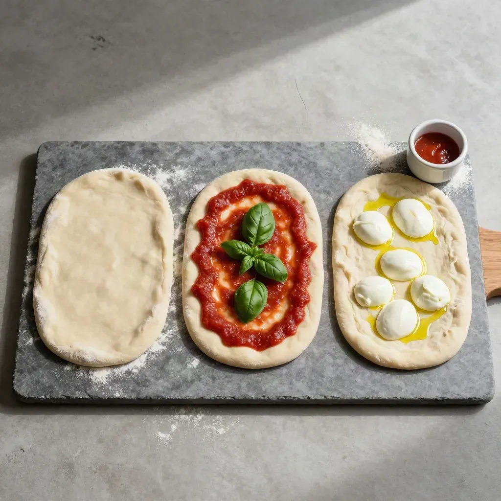 Tre råa pizzabottnar med olika topping på en ren stenplatta i overheadvy.