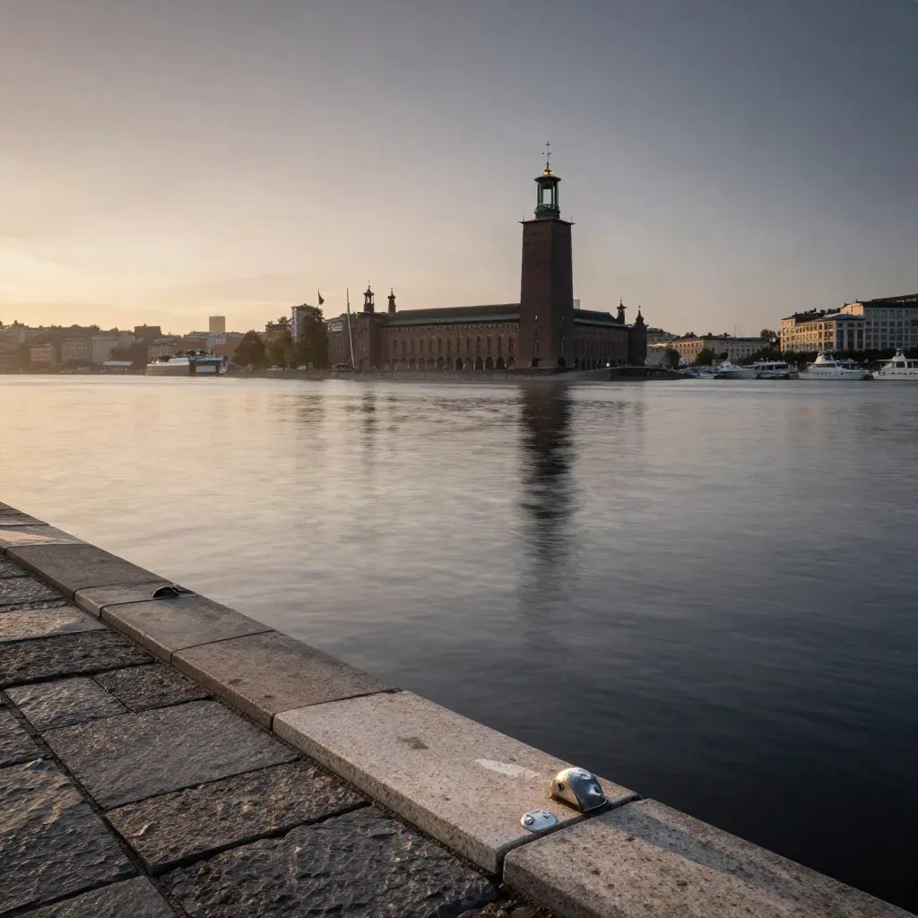 Stockholms stadshussilhuett över kaj och vatten i blå timmen, med dimmig horisont.