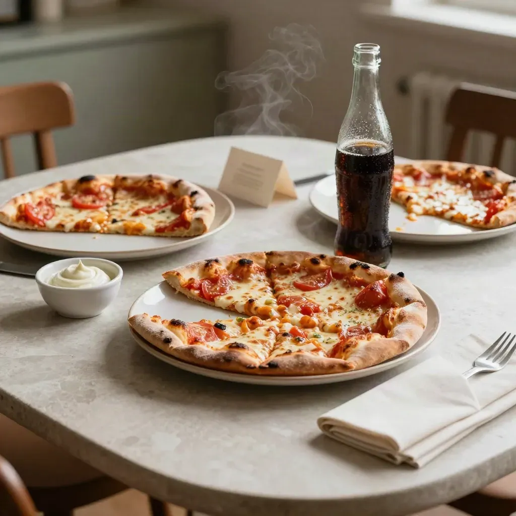 Serverad pizza på tallrikar med dippsåser, läskflaska och servetter på ett ljust matbord.
