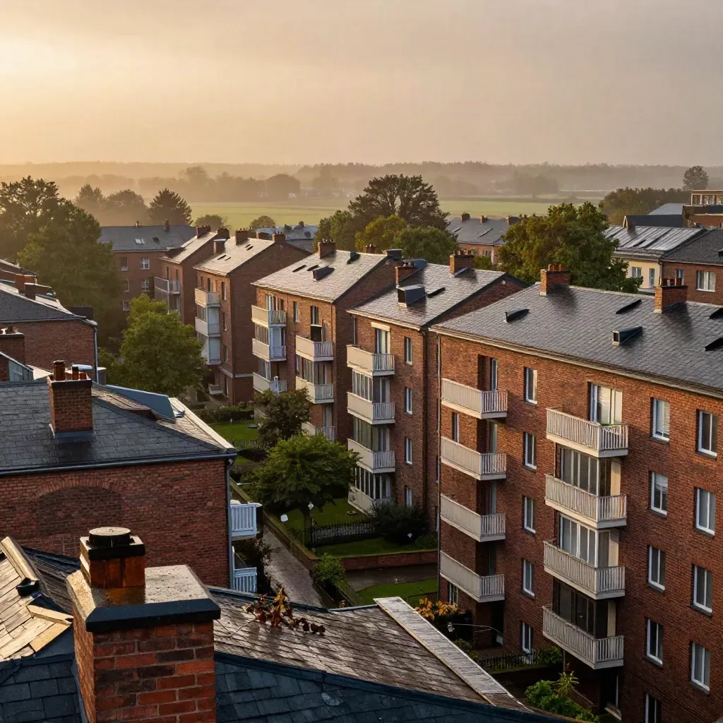 Söderorts takåsar och röda tegelhus i gyllene kvällsljus efter regn, med dimmig parkgrönska.