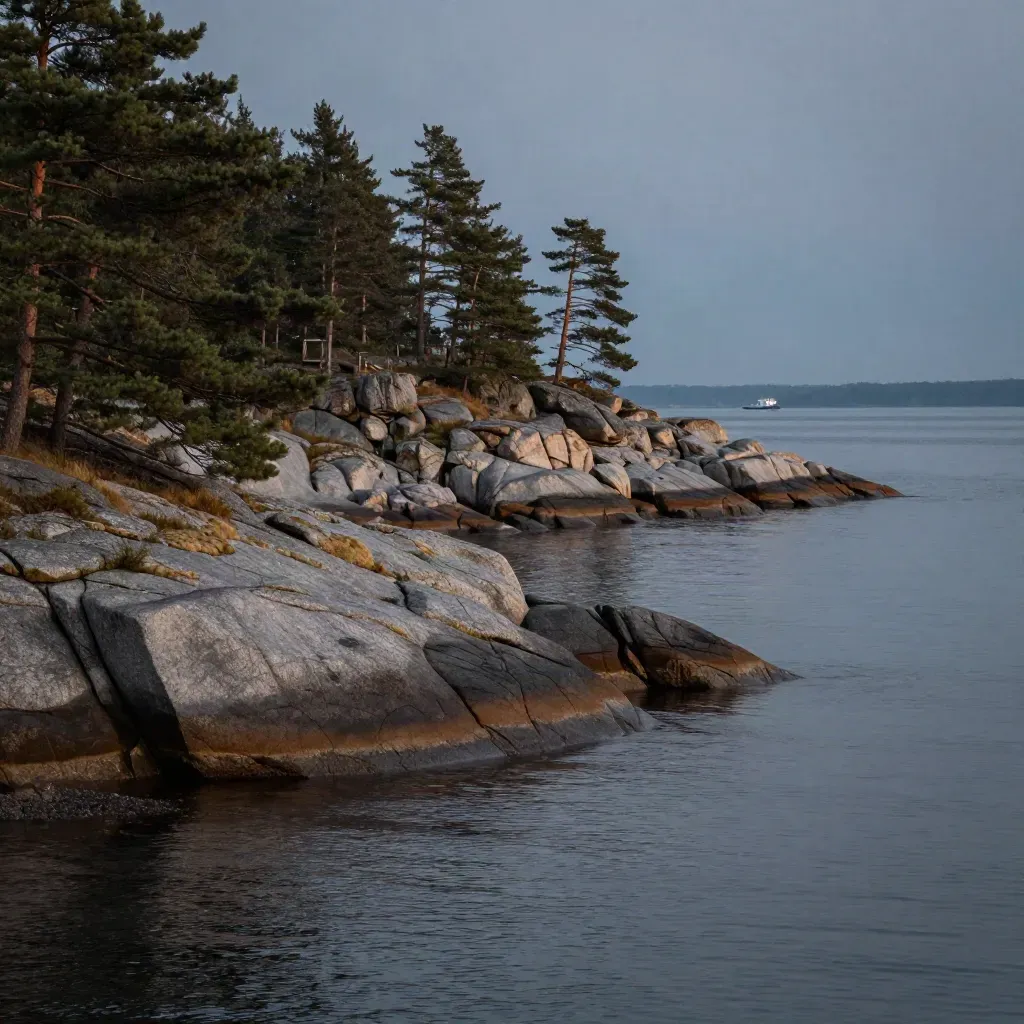 Nackas granitklippor, tallskog och stilla fjärd i blå timme.
