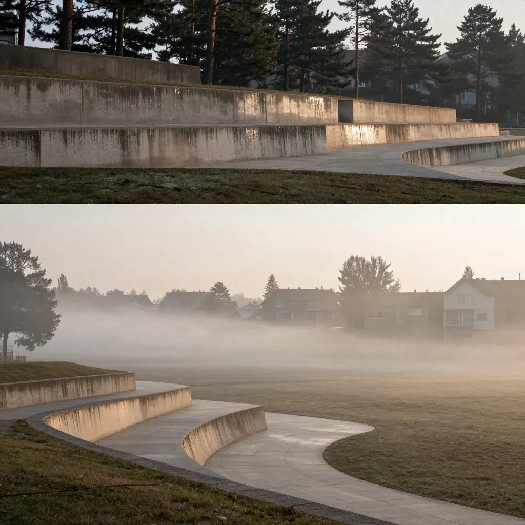 Morgondimma över Huddinge med tallkanter, låga bostadssiluetter och ljusa betongterrasser.