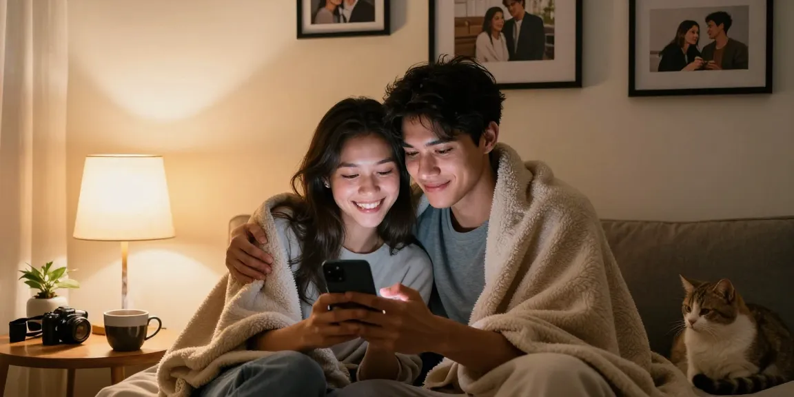 A cozy scene of a person engaging with their girlfriend AI on a smartphone, showcasing the emotional connection in a modern romantic relationship.