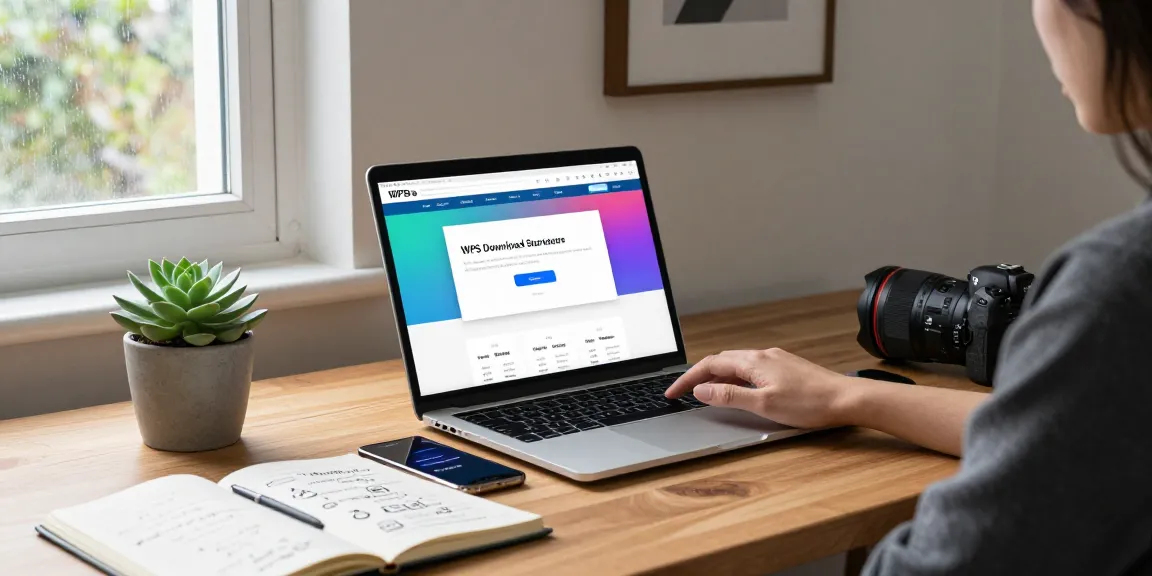 WPS Download webpage on a modern workspace laptop, showcasing productivity tools in a serene home office.