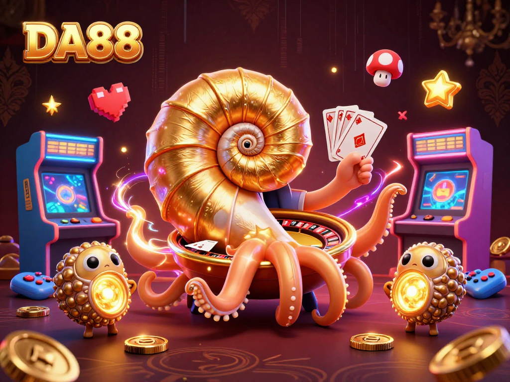 Engage with DA88 at the vibrant casino scene, featuring animated characters and glowing game elements.