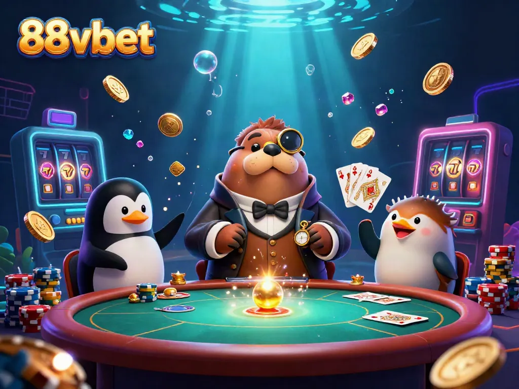 Experience the excitement at 88vbet with a walrus and friends in an underwater poker game surrounded by vibrant casino elements.