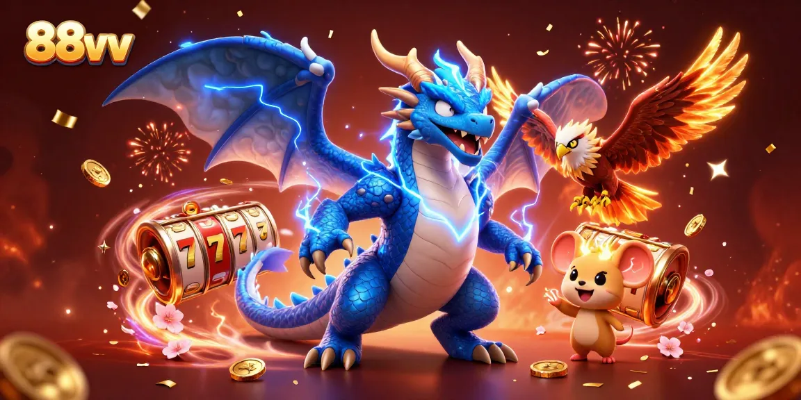 Engage with 88vv's dynamic casino environment featuring a thunder dragon and exciting slot reels.