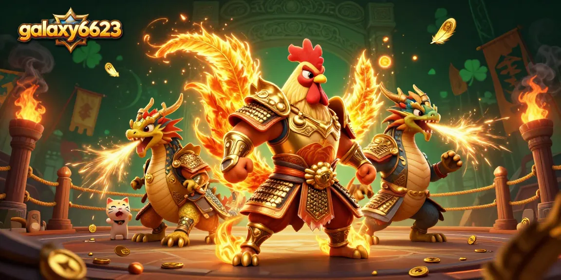 Experience thrilling gaming action at galaxy6623 with a powerful warrior and enchanting dragon in a vibrant casino scene.