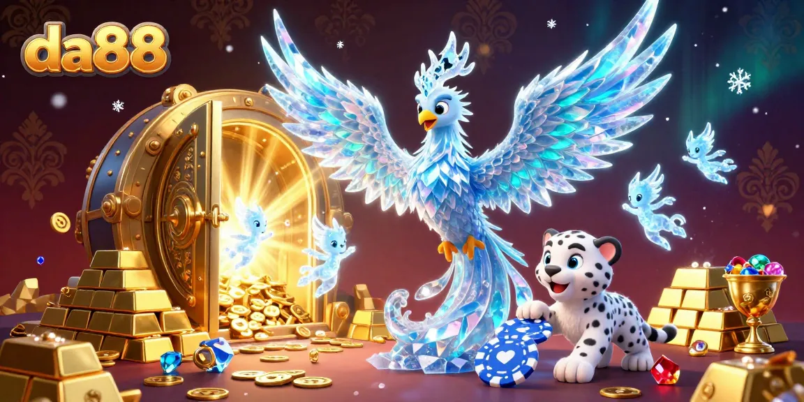 Experience the thrilling adventures of da88 in this vibrant 3D casino illustration featuring a whimsical phoenix and ice sprites.
