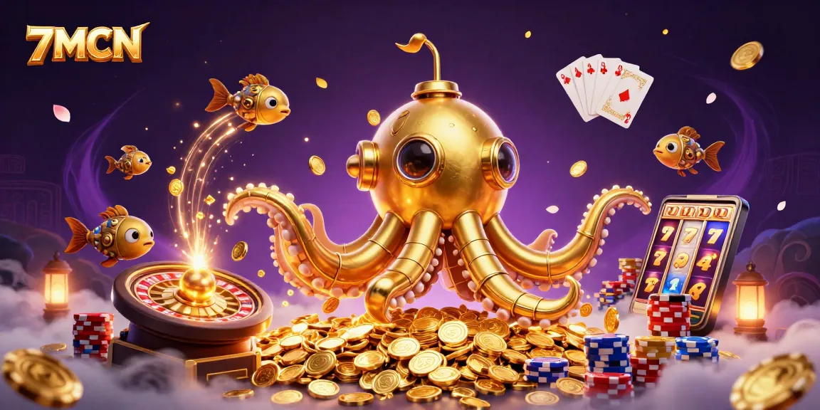 Engage with 7MCN's thrilling golden kraken submarine adventure amidst cascading coins and vibrant casino elements.