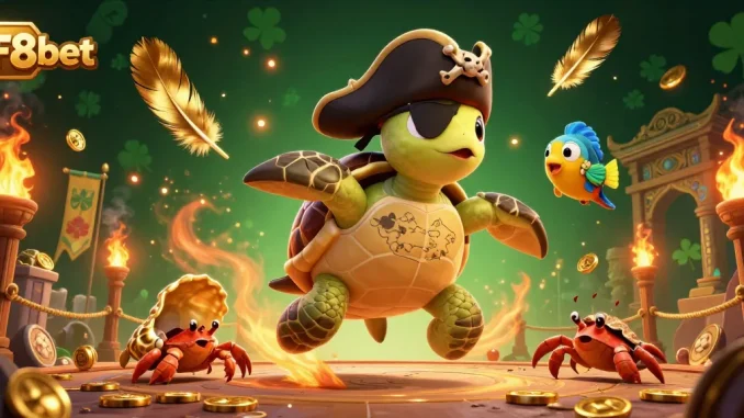 Experience thrilling gambling adventures with F8bet in this vibrant 3D illustration of a pirate turtle and treasure.