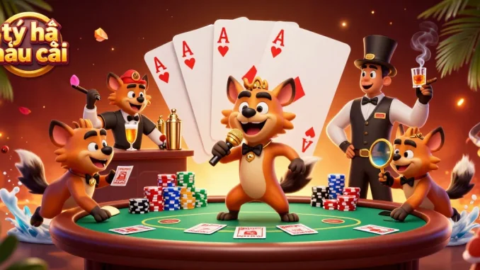 Explore dynamic casino scenes with tỷ lệ nhà cái as hyenas entertain and serve drinks.
