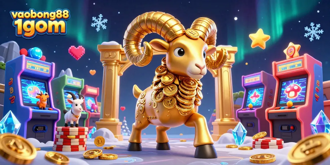 Engage with an epic scene showcasing vaobong88 1gom featuring a golden ram charging through a gaming arena with interactive arcade elements.