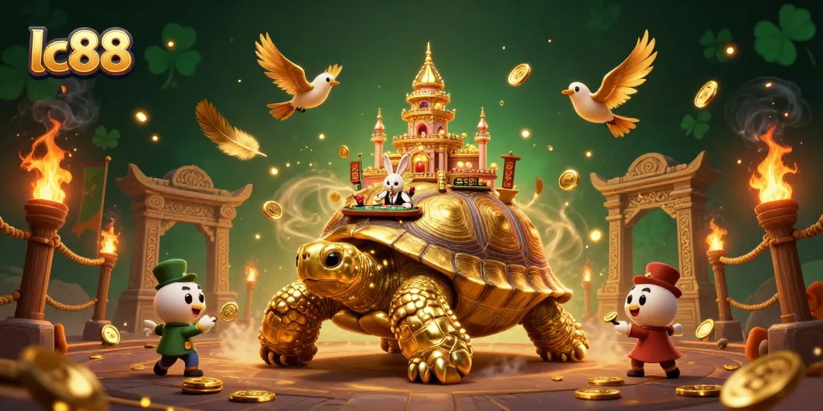 Experience fun at lc88 with a golden tortoise casino scene featuring lucky tokens and flying coins