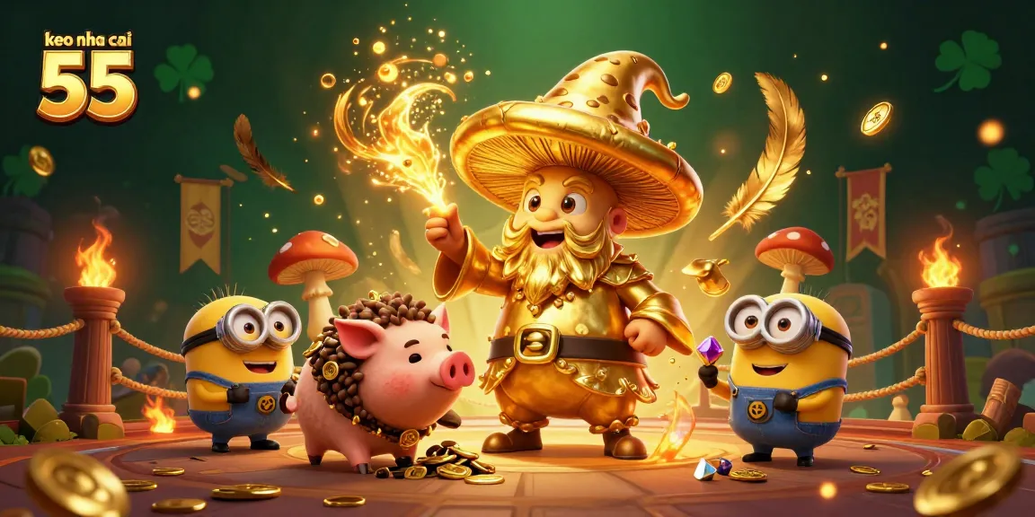 Engage with keo nha cai 55 highlights as a golden wizard conjures wealth and treasure.