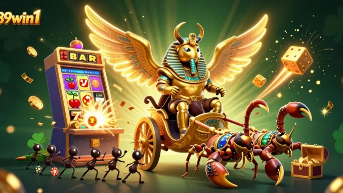 Engage with the vibrant 789win1 casino scene featuring a golden scarab beetle and thrilling game elements.