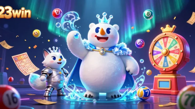 Join the 23win excitement with a vibrant lottery scene featuring colorful elements and animated characters.